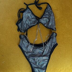 Rolita Couture Black and Gray Chain Detail One Piece